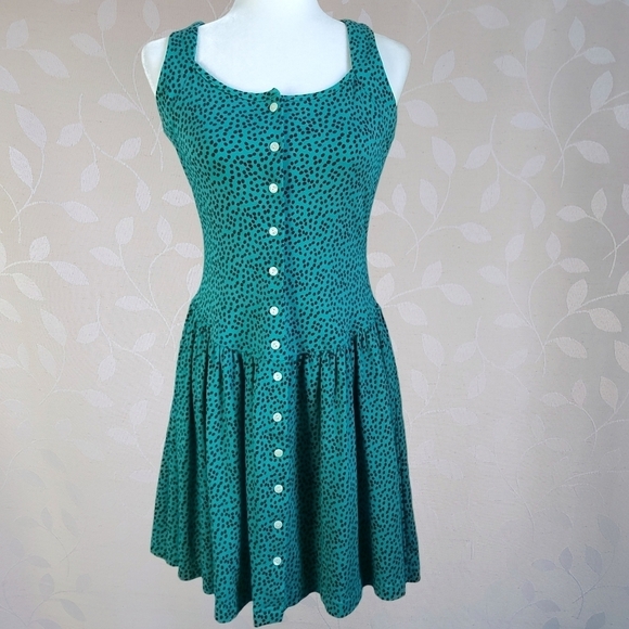 Vintage 90s South Beach Teal Black Polka Dot Cutout Back Button Front Mini Dress - Picture 2 of 15